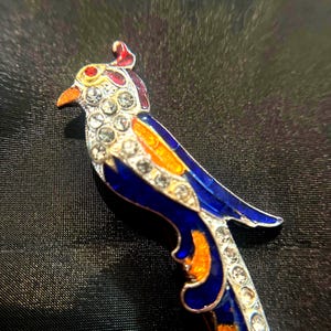 Tropical Bird Enamel Brooch – Enamel & Rhinestone – Long Tail Statement Pin - Unique bird jewelry