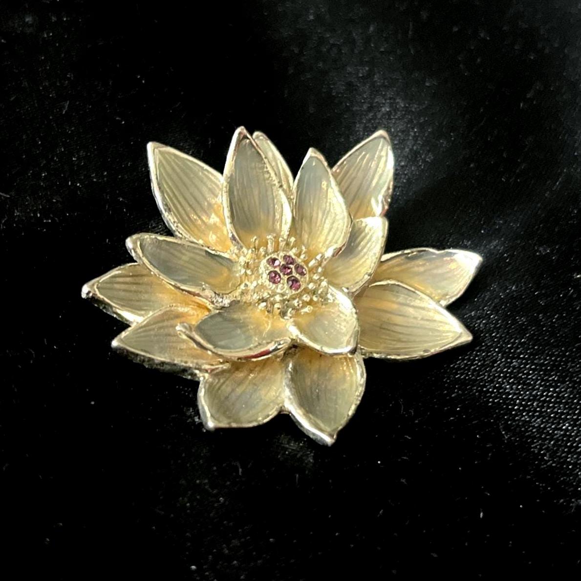 Vintage SFJ Cream Enamel Flower Brooch: Gold Tone Lotus Pin with