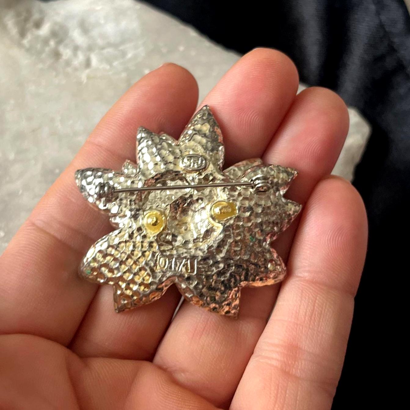 Vintage SFJ Cream Enamel Flower Brooch: Gold Tone Lotus Pin with