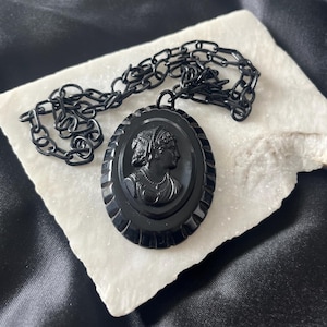 Antique Black Celluloid Cameo Necklace – Victorian Mourning Style – Gothic Lady Cameo Pendant – Mid Century Revival Unique Jewelry