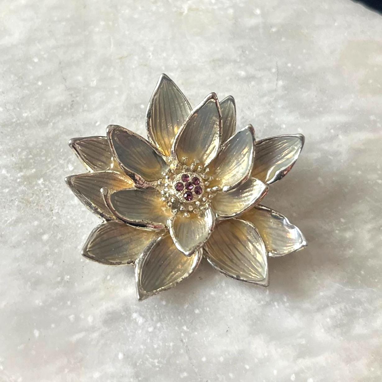 Vintage SFJ Cream Enamel Flower Brooch: Gold Tone Lotus Pin with