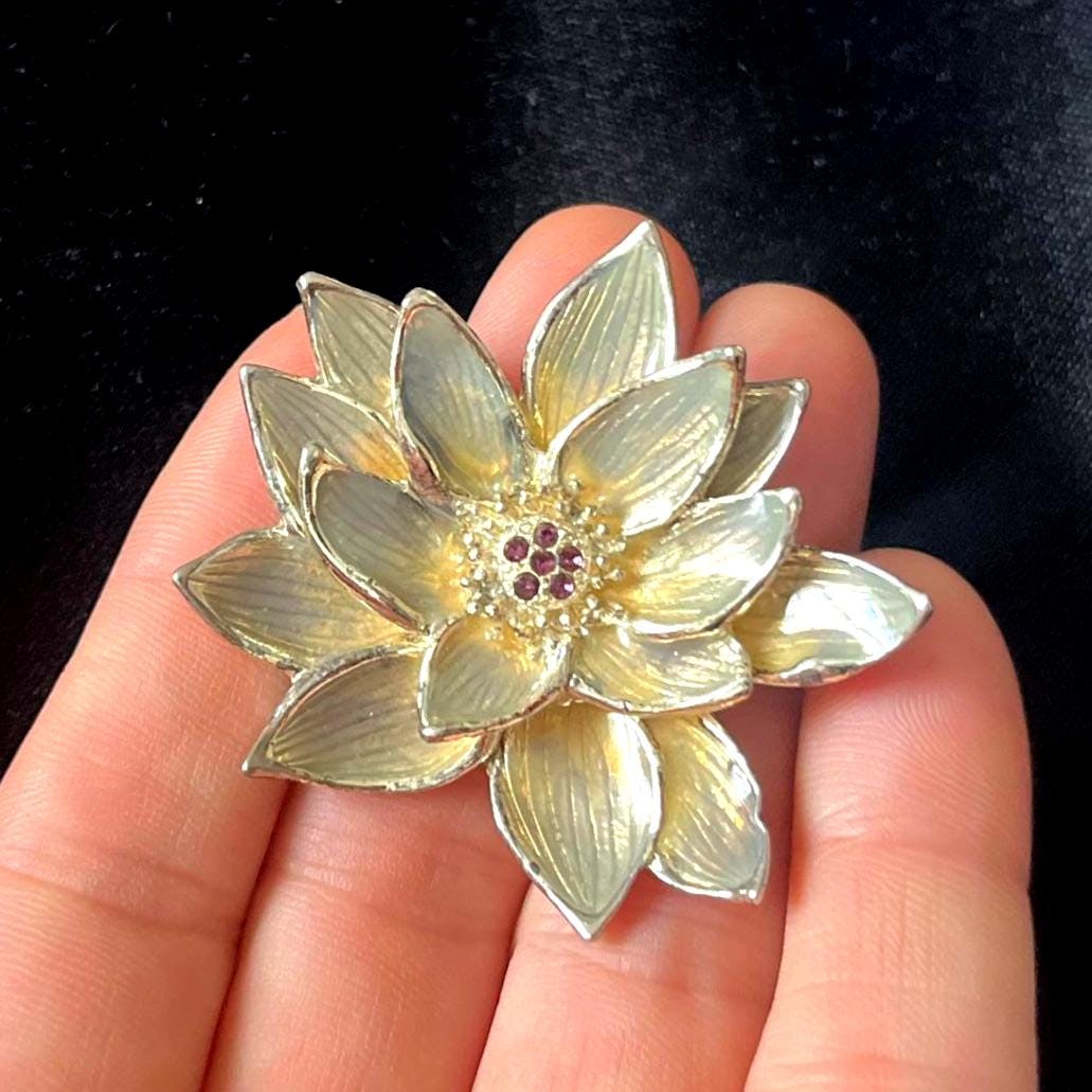 Vintage SFJ Cream Enamel Flower Brooch: Gold Tone Lotus Pin with