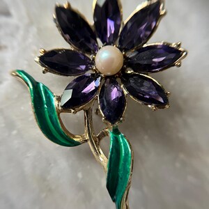 Restored Vintage Flower Brooch – Purple Acrylic Petals, Faux Pearl Center – Hand-Painted Enamel Green Leaves – One of a Kind Statement Pin
