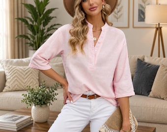 Women's Cotton Linen Blouse, Casual V Neck Tunic Top, Loose Fit Summer Shirt