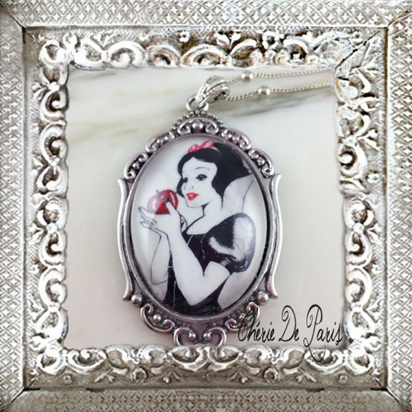 Snow White Necklace, Enchanting Antique Silver Cabochon, Red Poisoned Apple, Whimsical Magical, Delicate Bead chain