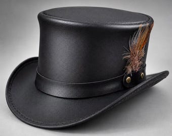 Black Leather Top Hat with Feather, Handmade Victorian Top Hat, Steampunk Gothic Western Hat, Unisex Dress Hat