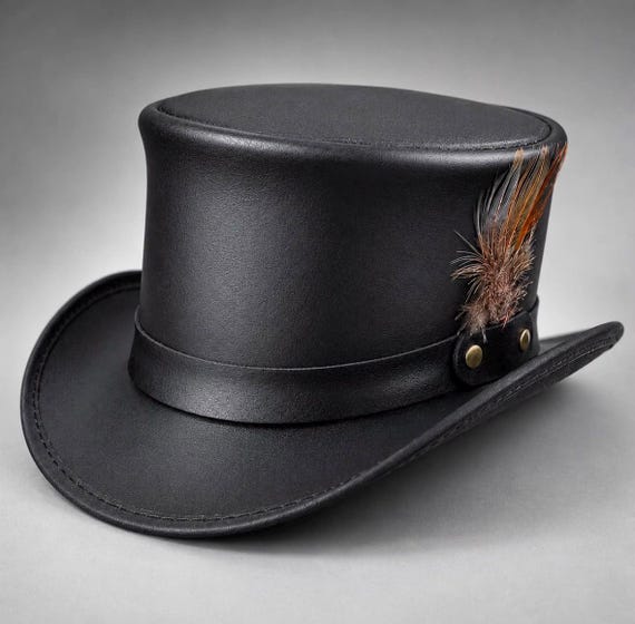 Black Leather Top Hat with Feather, Handmade Victorian Top Hat, Steampunk Gothic Western Hat, Unisex Dress Hat