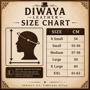 May include: A Diwaya Leather size chart with a vintage aesthetic. It features a silhouette of a head with a measuring line, a table listing sizes from X Small to XXL with corresponding measurements in cm, and instructions to measure around the head.