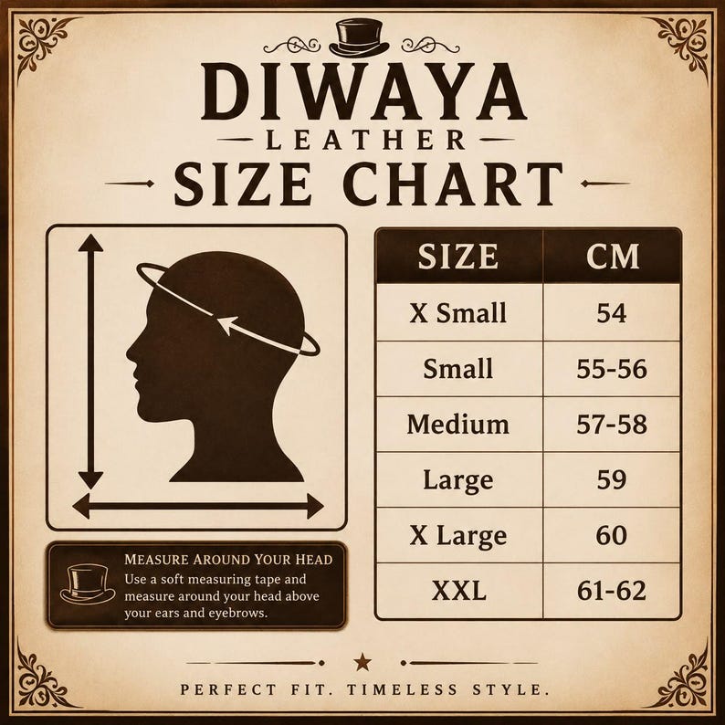 May include: A Diwaya Leather size chart with a vintage aesthetic. It features a silhouette of a head with a measuring line, a table listing sizes from X Small to XXL with corresponding measurements in cm, and instructions to measure around the head.