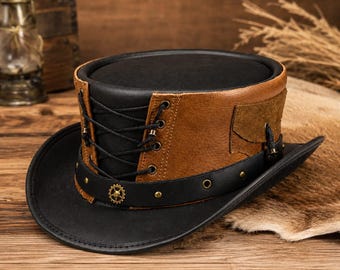 Steampunk Top Hat | Western Top Hat | Leather Top Hat | Steampunk Cowboy Hat | Black Brown Top Hat | Western Steampunk Hat