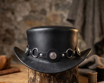 Western Leather Top Hat | Black Concho Top Hat | Steampunk Top Hat | Cowboy Hat | Unisex Festival Leather Top Hat
