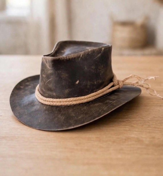 Leather Cowboy Hat, Handmade Western Hat, Distressed Leather Hat, Vintage Cowboy Hat, Western Hat