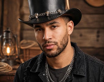 Black Leather Steampunk Top Hat, Gothic Skull Chain Hat, Victorian Top Hat, Western Top Hat, Festival Hat, Men’s Costume Hat