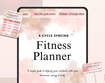 May include: A digital cycle syncing fitness planner displayed on a tablet screen with a soft pink watercolour background. The text reads Cycle Syncing Fitness Planner, A simple guide to aligning your workouts with your hormones, energy & body.