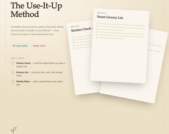 May include: A 3-page printable digital download titled The Use-It-Up Method, featuring a weekly meal and grocery system. The document includes a Kitchen Check, Smart Grocery List, and Weekly Reset, with checkboxes and lines for planning, formatted for Letter and A4.