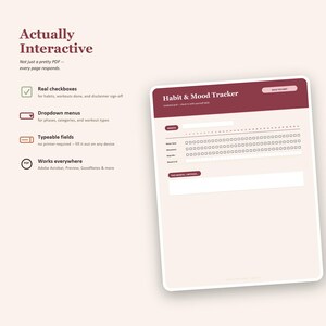 May include: A digital habit and mood tracker template featuring a maroon header with the text Habit & Mood Tracker. The page includes a monthly calendar grid, rows for water, movement, and mood, plus a text box labelled This Month, I Noticed.