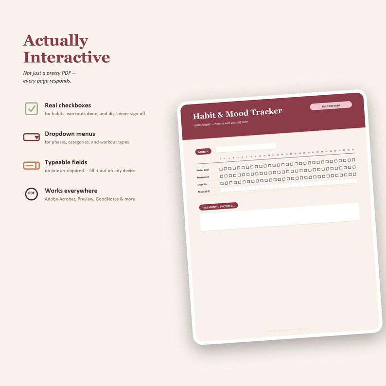 May include: A digital habit and mood tracker template featuring a maroon header with the text Habit & Mood Tracker. The page includes a monthly calendar grid, rows for water, movement, and mood, plus a text box labelled This Month, I Noticed.