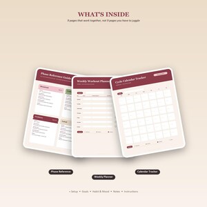 May include: A digital planner set featuring three visible pages titled Phase Reference Guide, Weekly Workout Planner, and Cycle Calendar Tracker. The pages use a maroon and cream colour scheme with text headers and grid layouts for tracking.