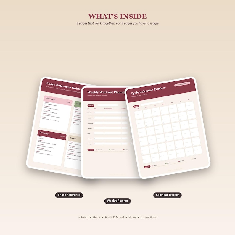 May include: A digital planner set featuring three visible pages titled Phase Reference Guide, Weekly Workout Planner, and Cycle Calendar Tracker. The pages use a maroon and cream colour scheme with text headers and grid layouts for tracking.