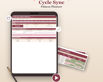 May include: A digital Cycle Sync Fitness Planner displayed on a tablet screen with a maroon and beige colour scheme. The interface includes tabs for instructions, calendar, daily log, and nutrition. A separate habit tracker sheet is visible nearby.
