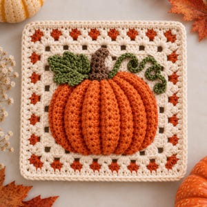 Op de afbeelding: Een vierkant gehaakt granny square met een driedimensionale oranje pompoen in het midden. De pompoen heeft een bruine steel, een groen blad en een krullende groene rank. De vierkante rand is gemaakt van crème en oranje garen.