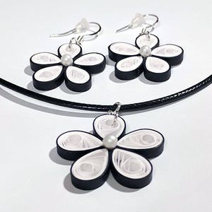 Quilled Paper Necklace & Earring Set Quilling Paper Jewelry First Wedding Anniversary Gift Necklace Set Gift for Her Black & White