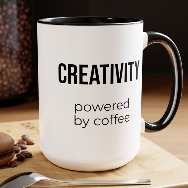 Creativity Powered by Coffee Two-Tone Coffee Mug, 15oz | Gift for Maker Artist Craft Art Teacher Lover | Crafty Gift for Husband Wife Friend