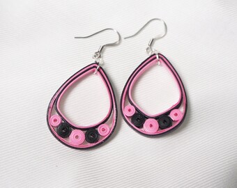 Pink & Black Quilled Paper Teardrop Dangle Earrings | Gift for Wife | Handmade Gift for Her | First Wedding Paper Anniversary Present