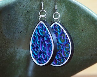 Bright Teal & Purple Quilling Paper Dangle Earrings | Gift for Wife | Handmade Gift for Her | 90's Vintage Colors