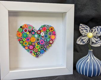 Paper Quilling Heart Wall Art - 1st Paper Anniversary Gift - 3D Paper Framed Home Decor - Rainbow Color Heart Framed Shadow Box Art