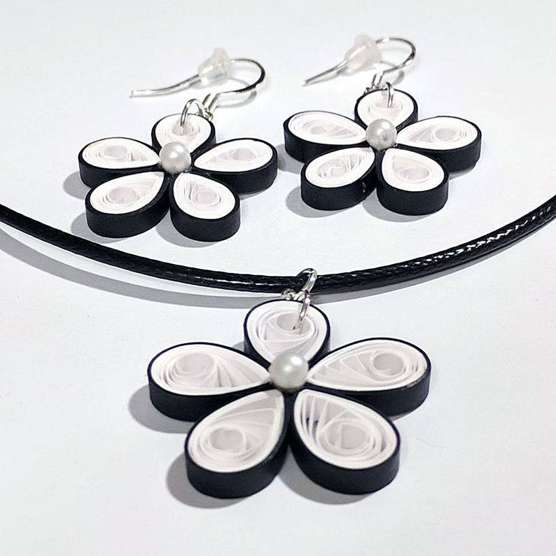 Quilled Paper Necklace & Earring Set Quilling Paper Jewelry First Wedding Anniversary Gift Necklace Set Gift for Her Black & White