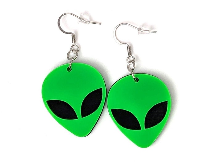 Cute Alien Face Earrings | Sci-Fi Martian Jewelry | Green Men from Mars Alien Gift | Black & Green Do You Believe? Acrylic Earrings