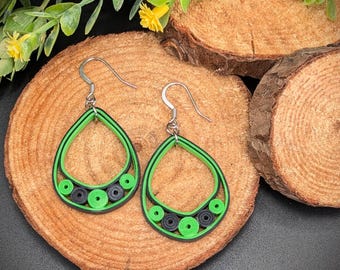 Lime Green & Black Paper Quilling Teardrop Dangle Earrings | Gift for Wife | Handmade Gift for Her | First Wedding Paper Anniversary Present