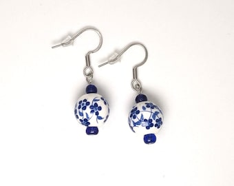 Ceramic Blue Painted Flower Beaded Dangle Earrings | Handmade Enchanting Ceramic Blue Flowers 12mm Beaded Earring