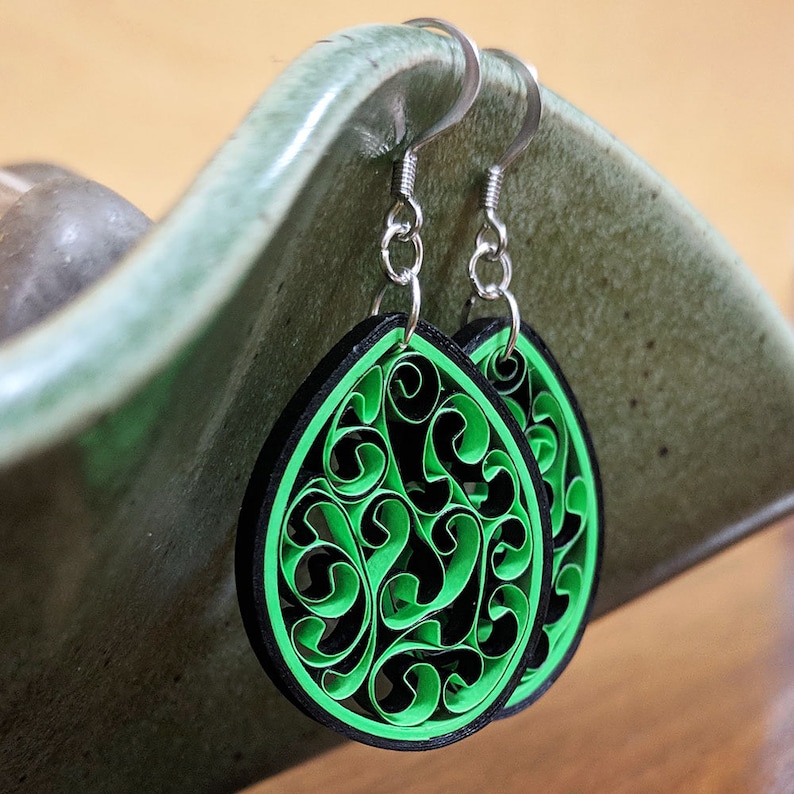 Bright Green Paper Quilling Honeycomb Earrings First Paper Anniversary Handmade Gift Earrings for Sensitive Ears Spring Jewelry image 1