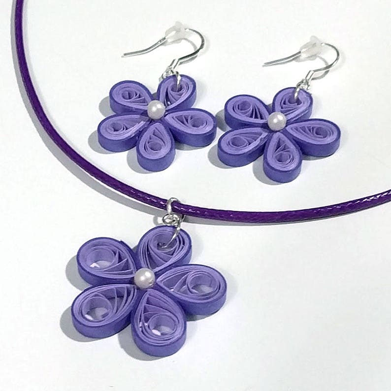 Quilled Paper Necklace & Earring Set Quilling Paper Jewelry First Wedding Anniversary Gift Necklace Set Gift for Her Purple