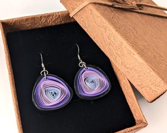 Purple Paper Quilling Vortex Earrings | Handmade Lightweight Jewelry | Unique Paper First Anniversary Gift for Wife