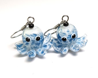 Blue Octopus Glass Lampwork Earrings | Anniversary Gift Wife | Stainless Steel Hypoallergenic Sensitive Ears | Gift Under 30 Dollars