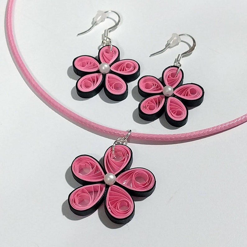 Quilled Paper Necklace & Earring Set Quilling Paper Jewelry First Wedding Anniversary Gift Necklace Set Gift for Her Pink