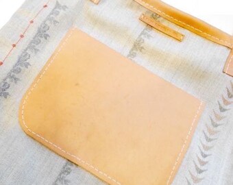 Maharam Borders + Hand Stitched Nat Veg Tan Leather Market Bag