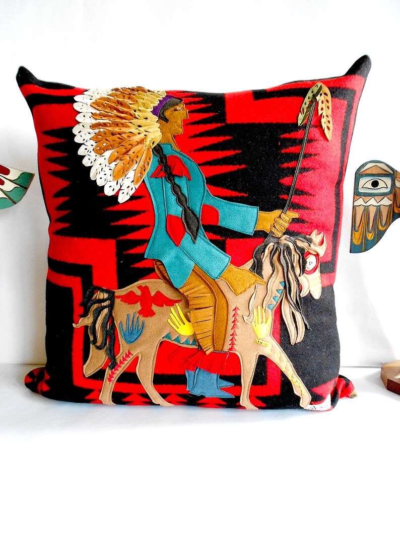 Walking Rock American Heritage X Portland Woolen Mill Throw Pillow featuring Native American Indian Chief on his War Pony