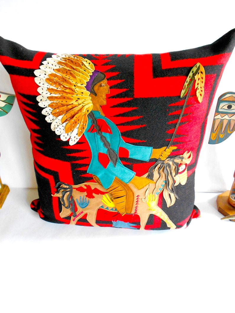 Walking Rock American Heritage X Portland Woolen Mill Throw Pillow featuring Native American Indian Chief on his War Pony