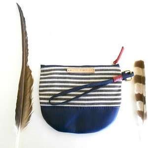 Black and White Stripe Canvas Navy Blue Leather Wristlet with Red Leather Arrows image 3