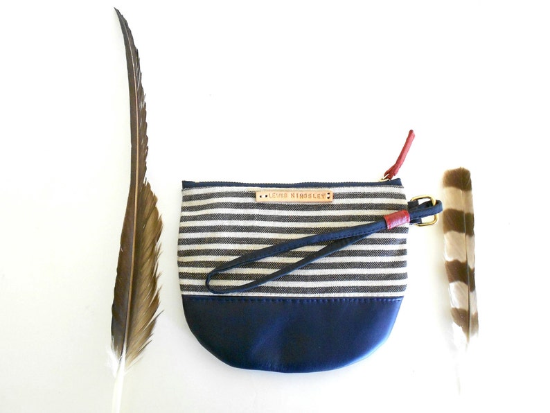 Black and White Stripe Canvas Navy Blue Leather Wristlet with Red Leather Arrows image 3