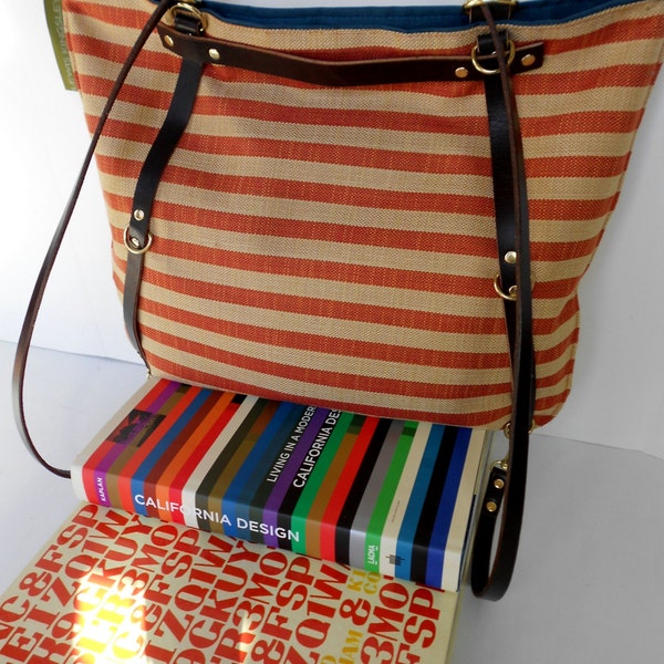 Vintage Americana Stripe Bag with Adjustable Leather Straps...Converts to a Backpack. Over the Shoulder. Messenger