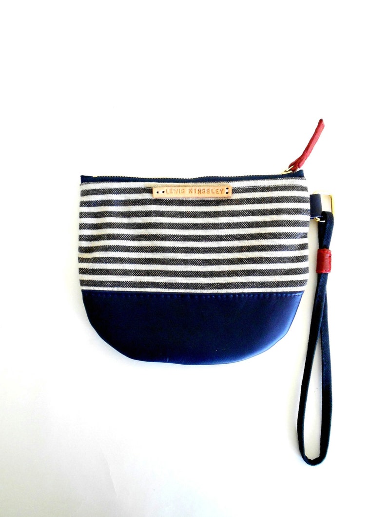 Black and White Stripe Canvas Navy Blue Leather Wristlet with Red Leather Arrows image 5