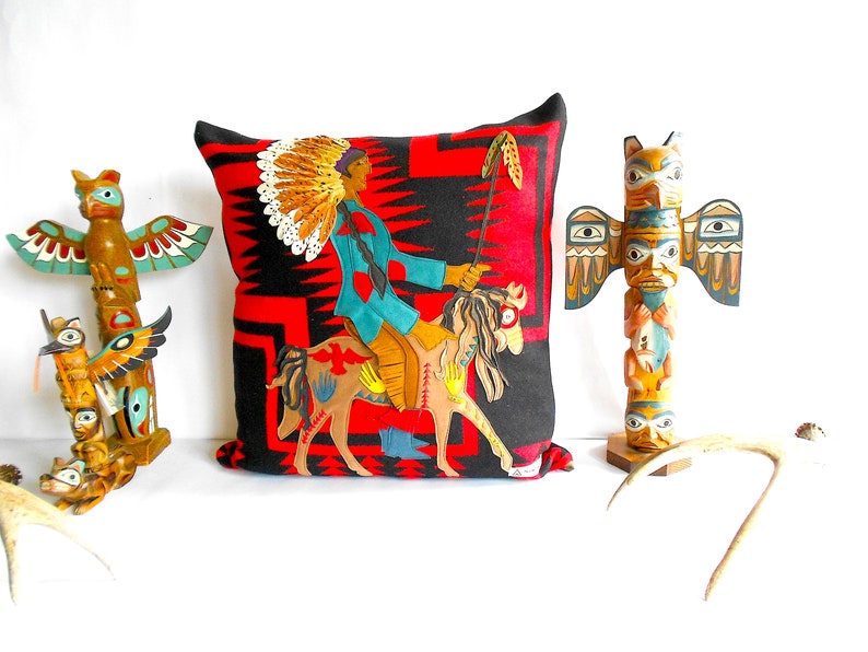 Walking Rock American Heritage X Portland Woolen Mill Throw Pillow featuring Native American Indian Chief on his War Pony