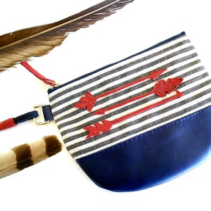 Black and White Stripe Canvas Navy Blue Leather Wristlet with Red Leather Arrows image 2
