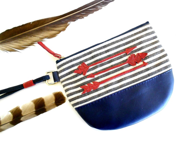 Black and White Stripe Canvas Navy Blue Leather Wristlet with Red Leather Arrows image 2