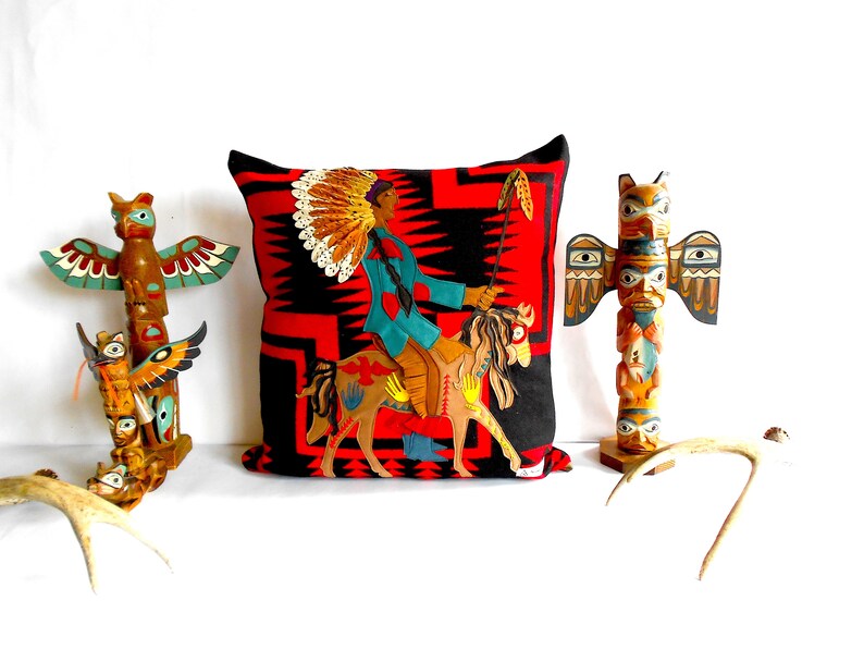 Walking Rock American Heritage X Portland Woolen Mill Throw Pillow featuring Native American Indian Chief on his War Pony